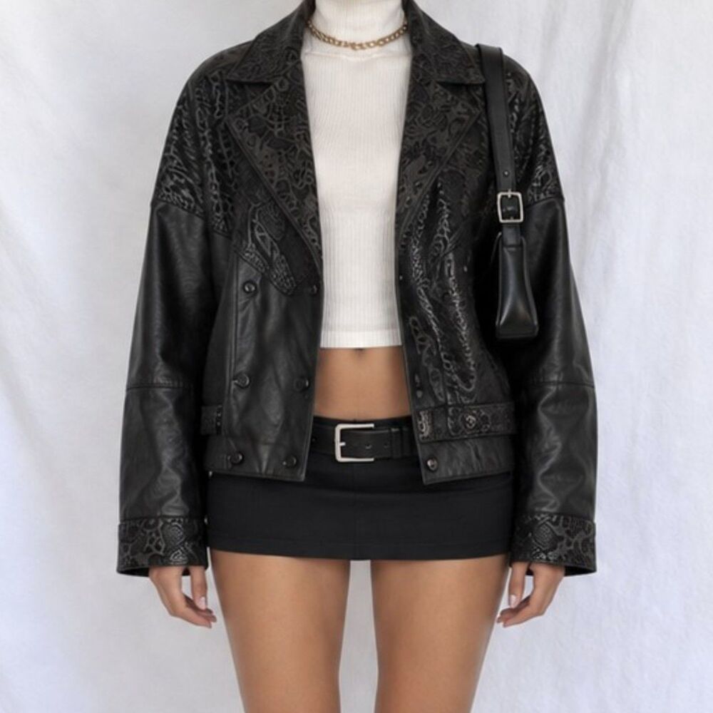 Vintage Y2K 90s Bomber Style Leather Snake Detail Motorcycle Biker Jacket Size L